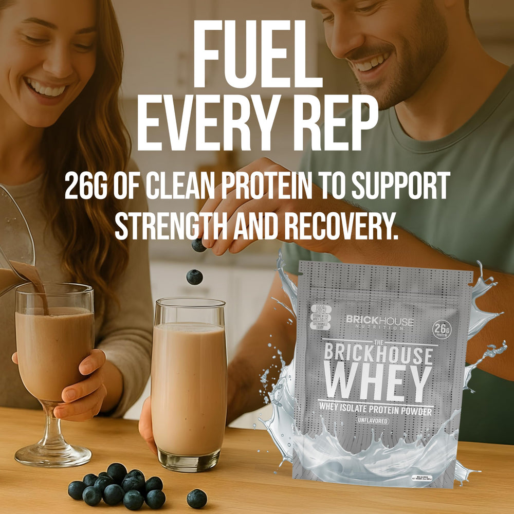 BrickHouse Nutrition Whey Protein label closeup shows clean ingredients