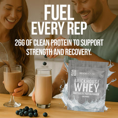 BrickHouse Nutrition Whey Protein label closeup shows clean ingredients