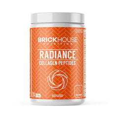 BRICKHOUSE Radiance collagen powder bottle supports skin and hair health.
