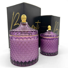 BRIGANTI candle in violet glass with gold rim, ideal as elegant decor