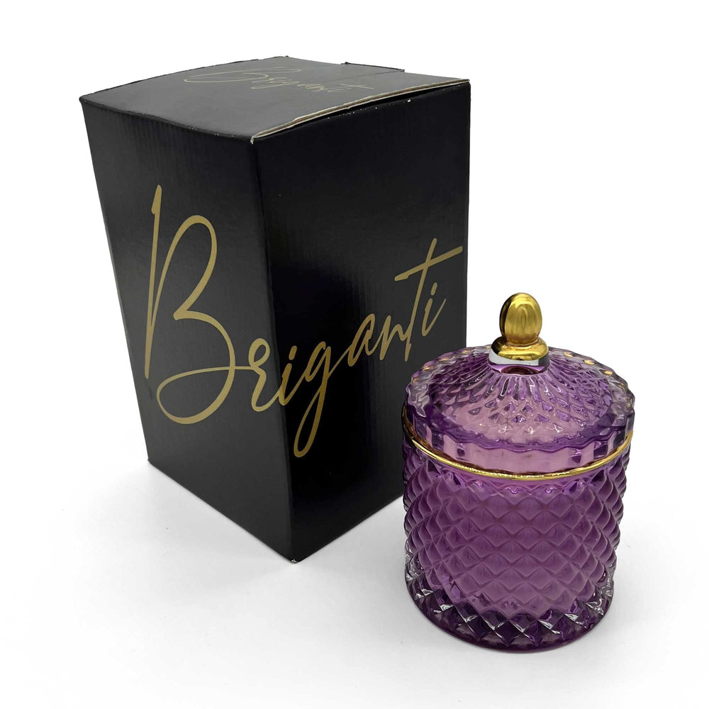 BRIGANTI violet-gold glass jar candle showcases elegant décor and ambient scent.