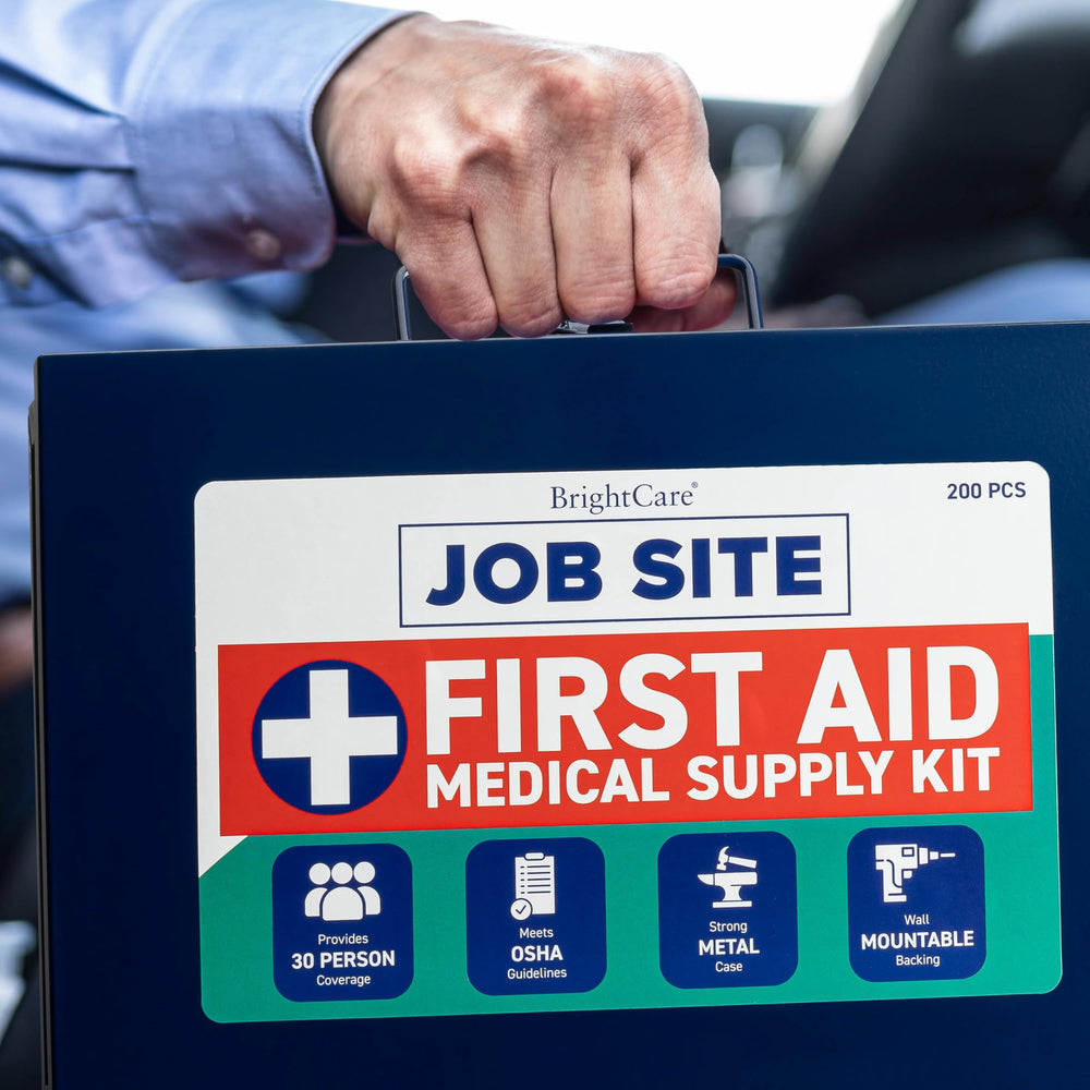 BrightCare heavy-duty first aid kit in rugged metal cabinet for truck use