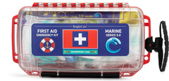 BrightCare marine first aid kit in floating case for easy sea rescue readiness.