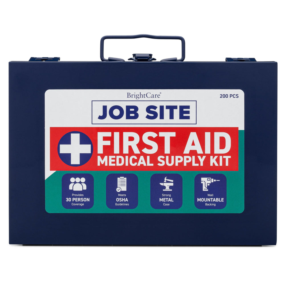 BrightCare metal case first aid kit with wall mount for secure job-site storage