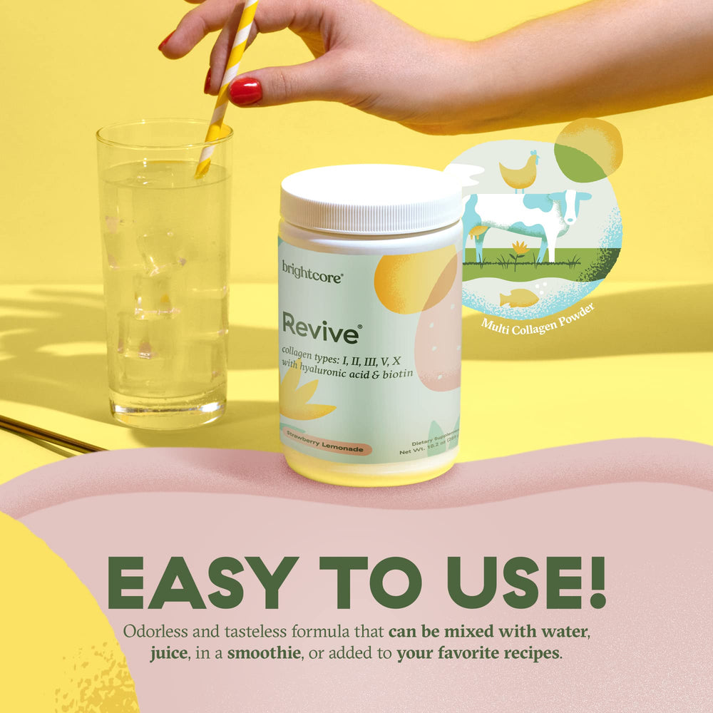 Brightcore Revive dispensing scoop demonstrates easy-to-measure powder for smoothies.