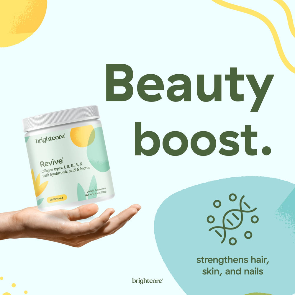 Brightcore Revive bottle with hyaluronic acid and vitamin C for joint comfort.