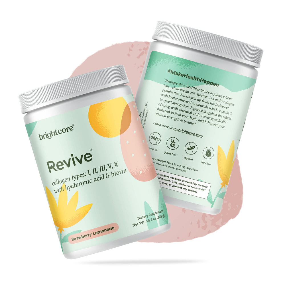 Brightcore Revive badge for gluten-free and non-GMO ingredients reinforces clean formulation.