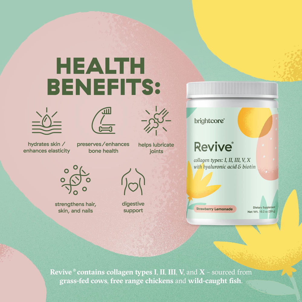 Brightcore Revive strawberry lemonade mix dissolves into water for a refreshing start.