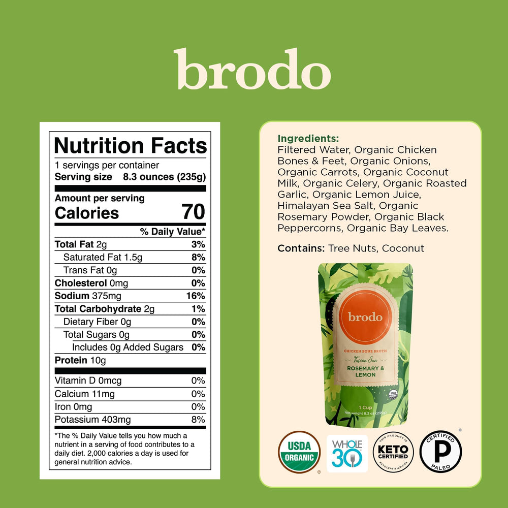 Brodo broth chicken broth bottle highlighting hearty, comforting base.