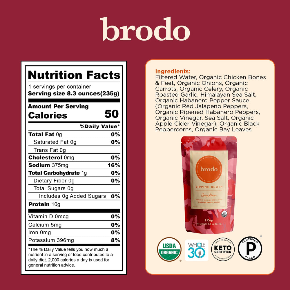 Brodo hearth broth bottle showing warming, savory blend for cozy meals.