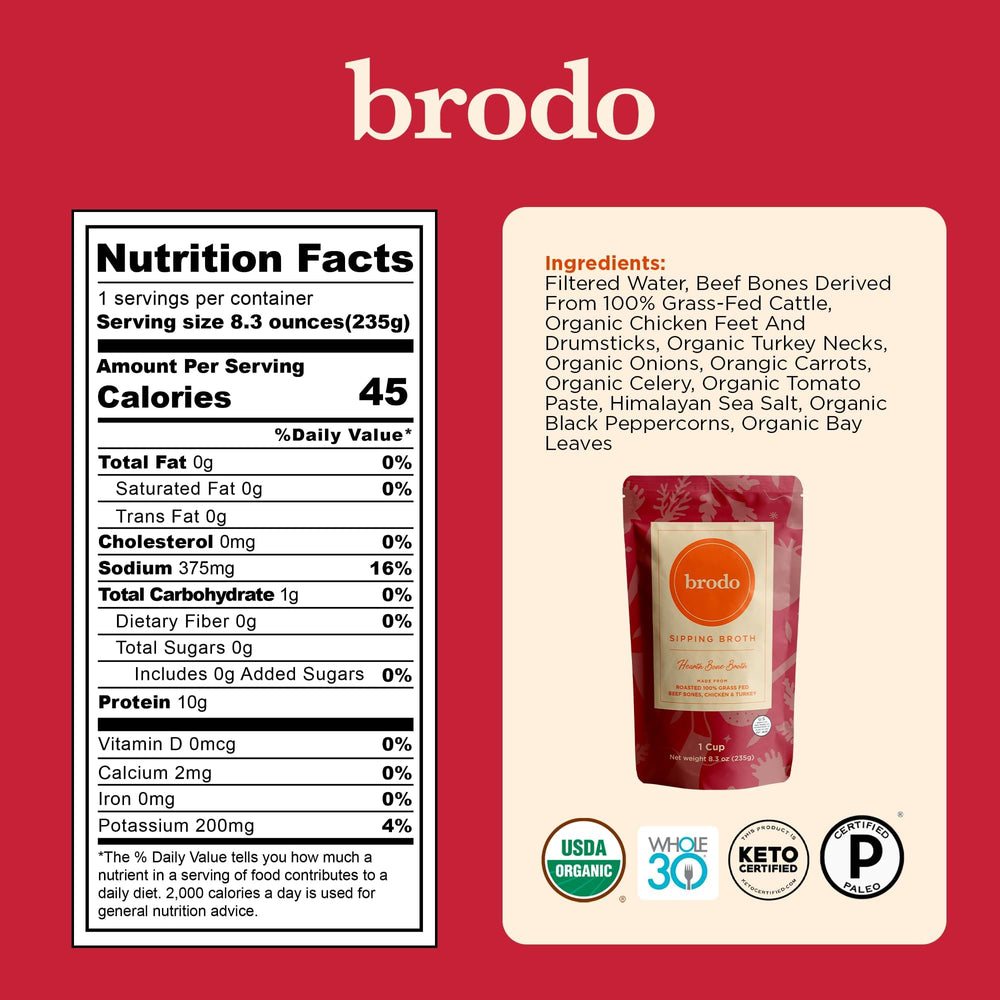 Brodo roasted garlic chili broth bottle with bold, smoky finish.