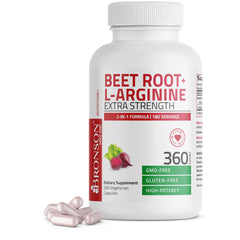 Bronson Beet Root + L-Arginine bottle with capsules for stamina support.