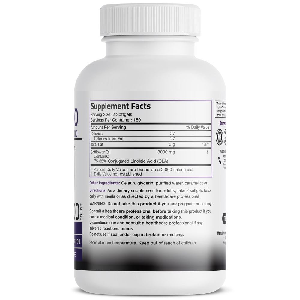Bronson CLA 3000 softgels closeup showing capsules designed for non-stimulating support