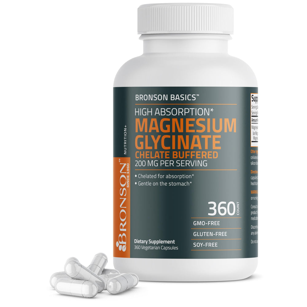 Bronson Magnesium Glycinate 200mg bottle front showing high absorption formula