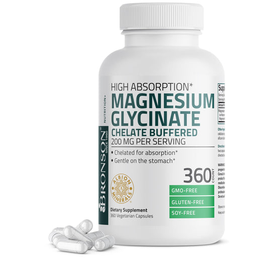 Bronson Magnesium Glycinate bottle closeup highlights high absorption formula.
