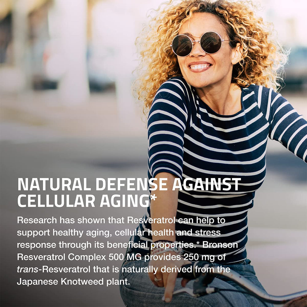 Bronson Resveratrol 500mg bottle on shelf signaling quality and cGMP standards.