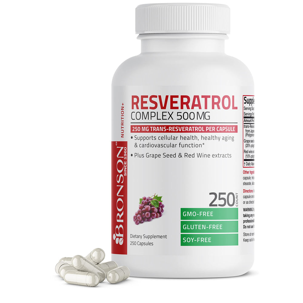 Bronson Resveratrol 500mg bottle with capsules, supporting potential healthy aging and cellular wellness.