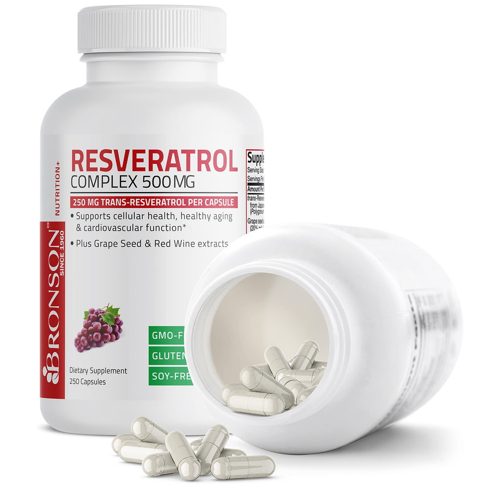 Capsules being poured from Bronson Resveratrol 500mg bottle into a hand.