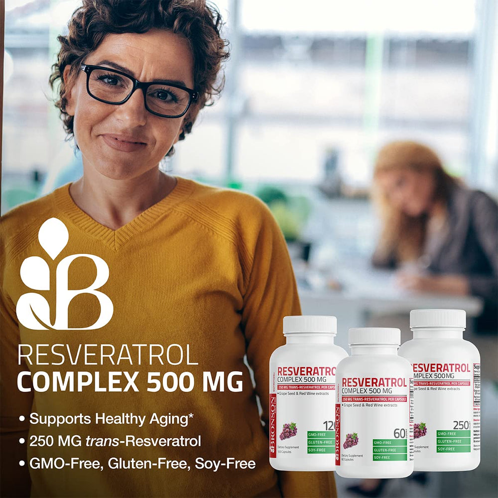 Bronson Resveratrol 500mg label detail featuring trans-resveratrol and grape seed extracts.