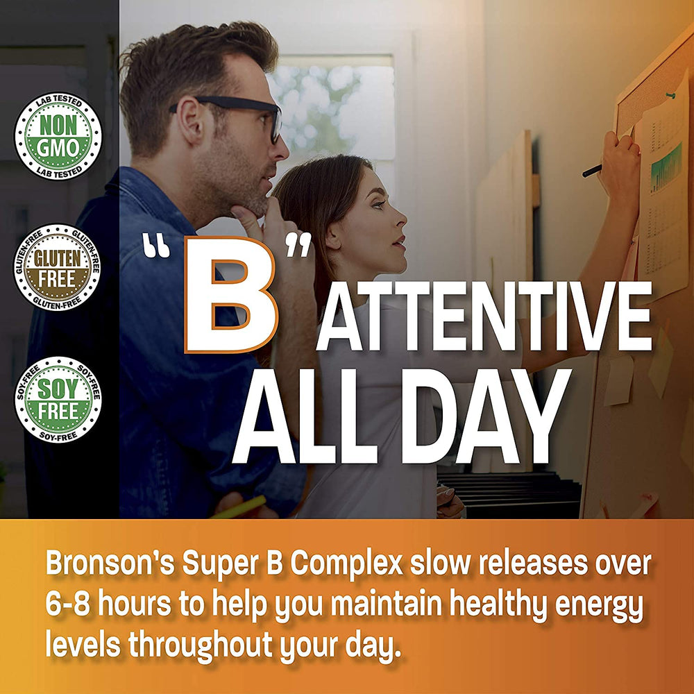 Bronson Super B Complex bottle pouring tablets into a hand.