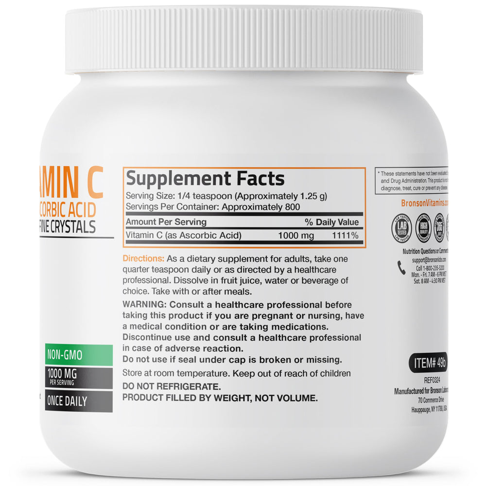 Bronson Vitamin C powder jar with label showing quality and dosing cues.