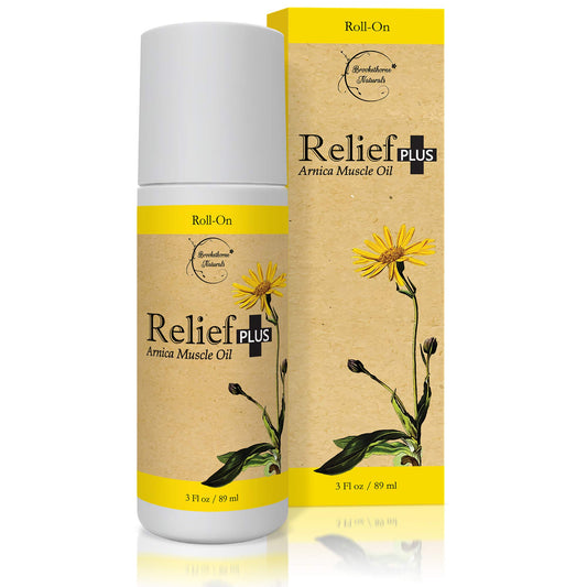 Brookethorne Naturals Relief Plus Arnica Muscle Oil bottle for quick, non-greasy application.
