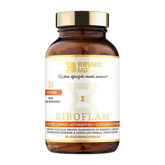 BRUNO MD Riboflam bottle front for daily immune support and vegan formulation.