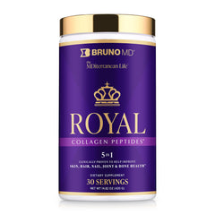 BRUNO MD Royal Collagen bottle showcasing premium supplement for skin, hair, and nails.