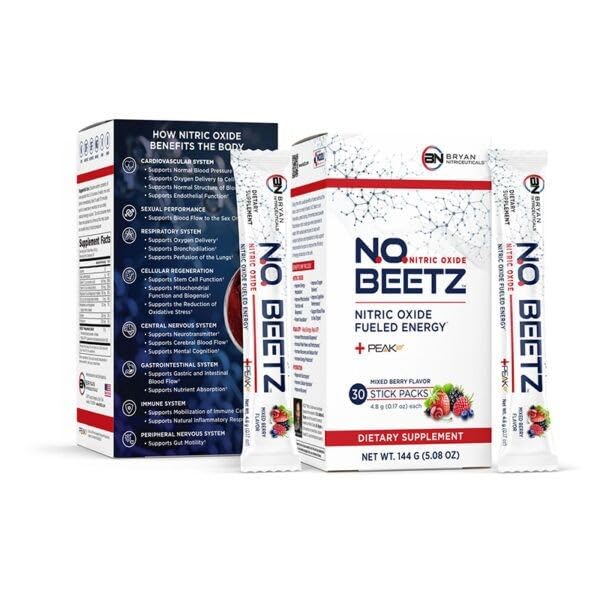 Bryan Nitriceuticals N.O. Beetz bottle with sachets for energy support.
