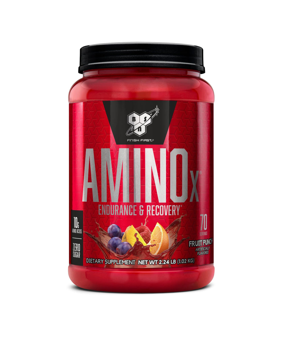 BSN Amino X fruit punch tub label showing flavor and caffeine-free formula for endurance