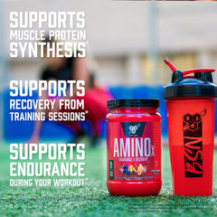 BSN Amino X powder dissolving in water for a smooth, zero-sugar refreshment
