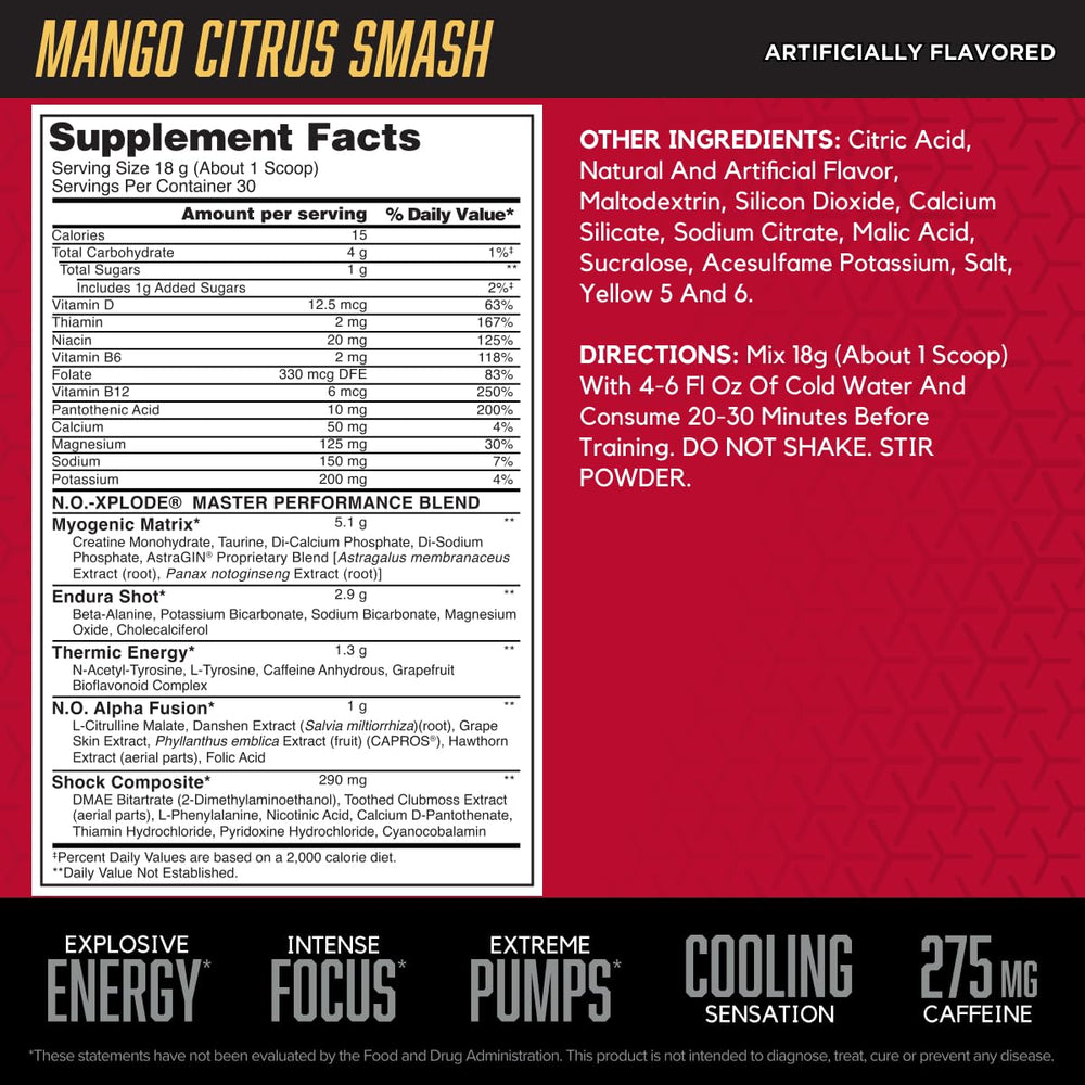 BSN N.O.-XPLODE label detail highlights caffeine and performance blend.