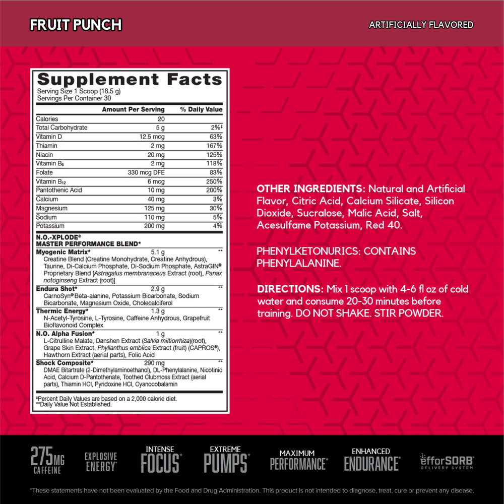 BSN N.O.-XPLODE back label close-up with serving and flavor details.
