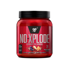 BSN N.O.-XPLODE tub front view highlighting the trusted pre-workout formula for energy.