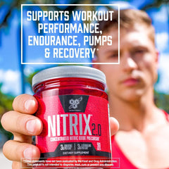 BSN Nitrix 2.0 label graphic highlighting nitric oxide precursor formula.