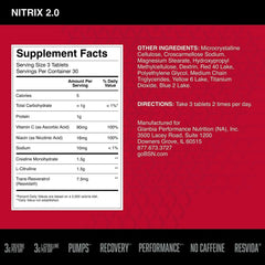 BSN Nitrix 2.0 tablet close-up highlighting 3 g L-Citrulline and 3 g Creatine.