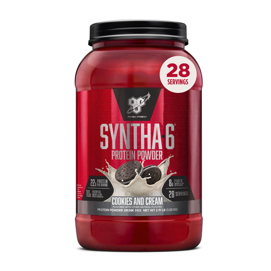 BSN SYNTHA-6 cookies and cream tub, creamy shake ideal for post-workout nourishment.