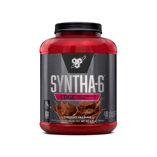 BSN SYNTHA-6 EDGE chocolate milkshake bottle highlights premium recovery protein.