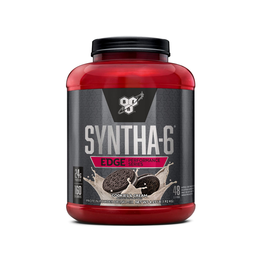 BSN SynthA-6 Edge cookies-n-cream tub; convenient recovery support after workouts.