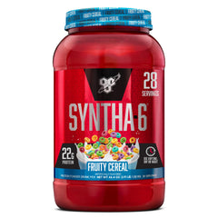 BSN SYNTHA-6 Fruity Cereal tub showcasing premium protein blend for muscles and taste.