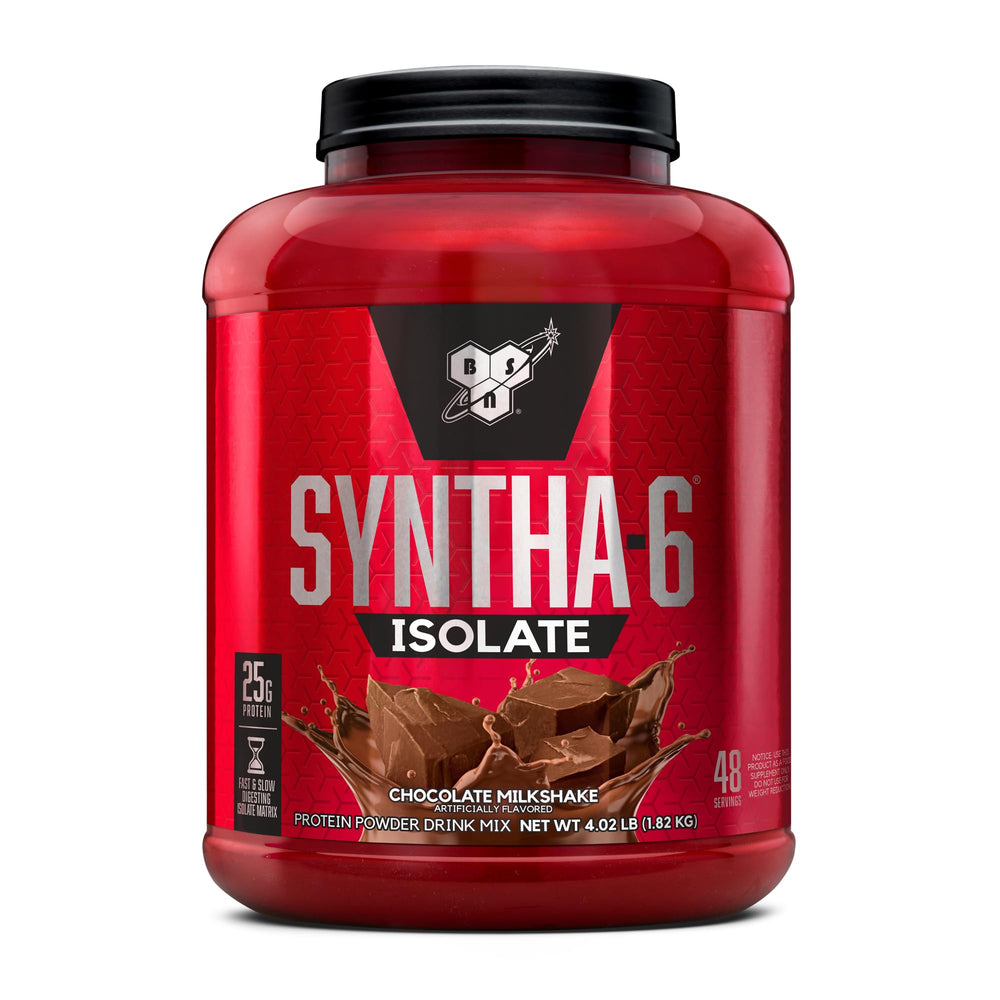 BSN SYNTHA-6 ISOLATE chocolate milkshake bottle shows premium post-workout protein.