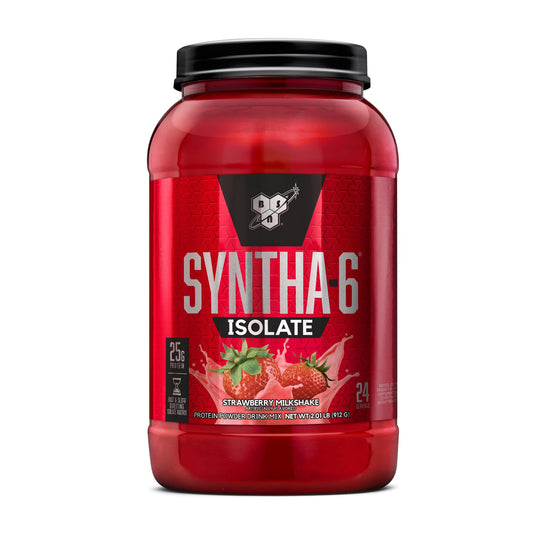 BSN SYNTHA-6 ISOLATE strawberry bottle shows convenient post-workout protein support.