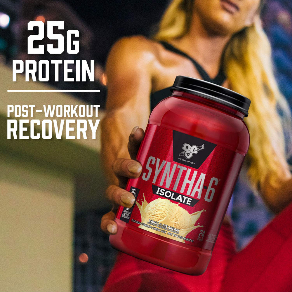 BSN SYNTHA-6 ISOLATE strawberry milkshake shake in a glass