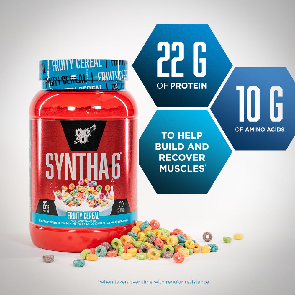 BSN SYNTHA-6 protein powder with a scoop ready to mix for a quick protein boost.