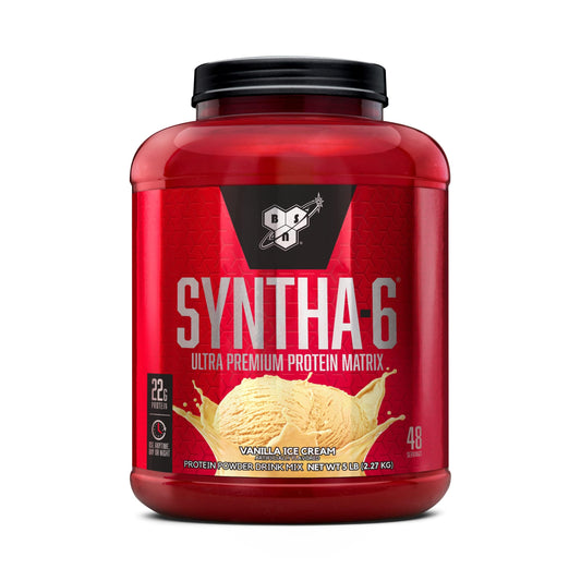 BSN SYNTHA-6 vanilla ice cream tub, a tasty protein option for post-workout recovery and daily fueling.