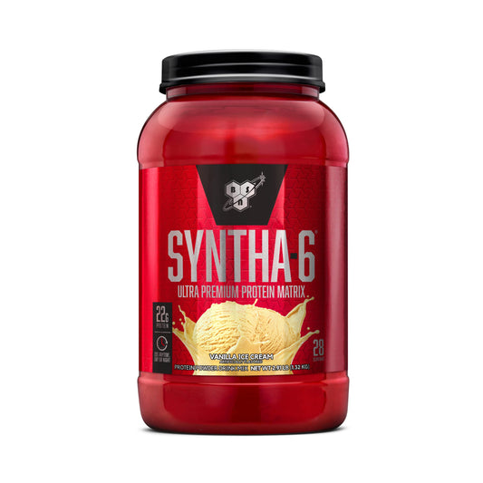 BSN SYNTHA-6 vanilla milk whey protein powder tub with creamy texture for post-workout shakes.