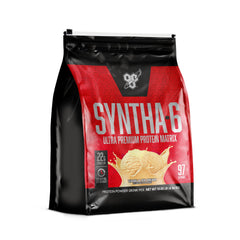 BSN SYNTHA-6 vanilla ice cream tub showing premium protein blend.