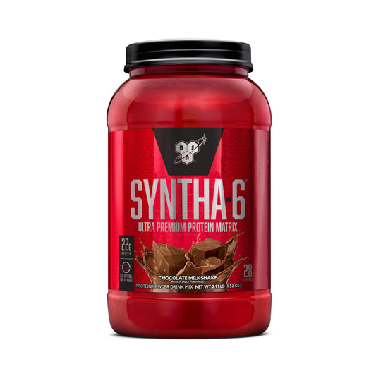 BSN SYNTHA-6 tub front view highlighting 22 g protein per serving for workout fueling.