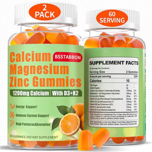BSSTABBON bottle front shows calcium magnesium zinc gummies for daily wellness