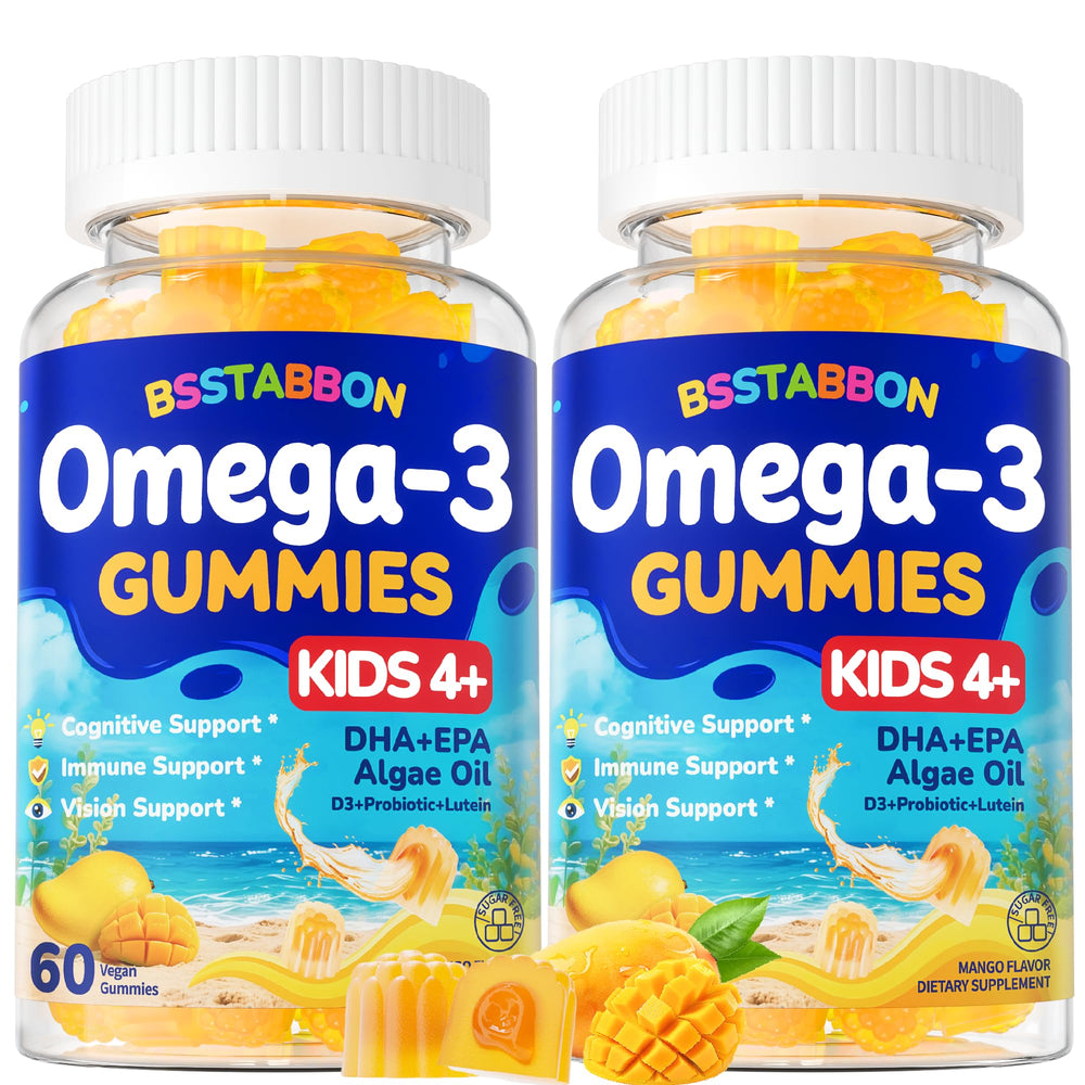 BSSTABBON vegan omega-3 kids gummies jar supports daily supplementation.